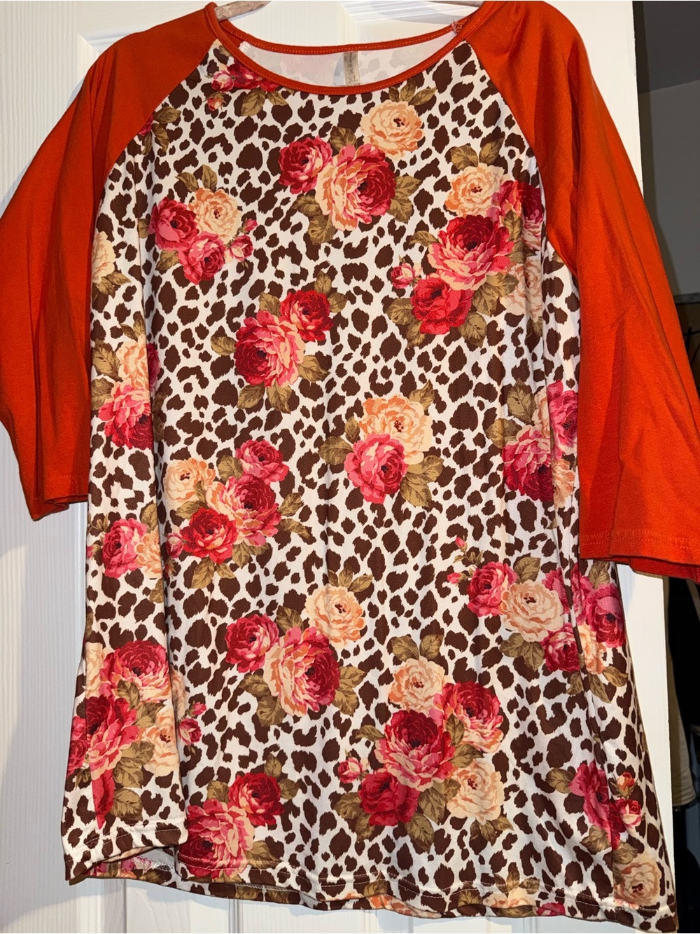 Tultex Orange Sleeve Floral Leopard Print Raglan Top